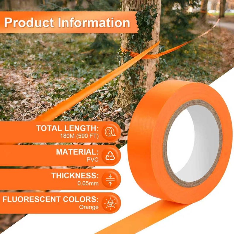 Rindion 6 Rolls Orange Flagging Tape, 0.7in X 98.4ft(Total 590.4ft) Non-Adhesive Neon Marking Tape, Plastic Survey Ribbon Rolls for Location Marking, Cable Bundling, Tree Labeling, Hunting, Construction Sites - Image 2